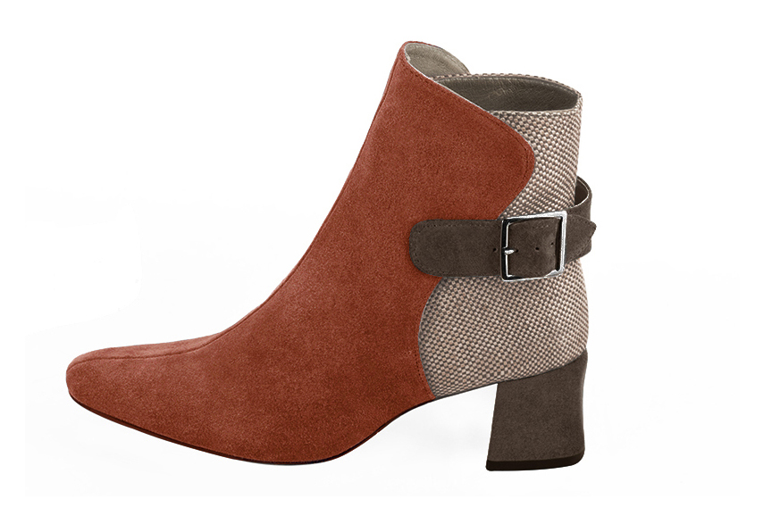 Terracotta orange, tan beige and chocolate brown women's ankle boots with buckles at the back. Square toe. Medium block heels. Profile view - Florence KOOIJMAN